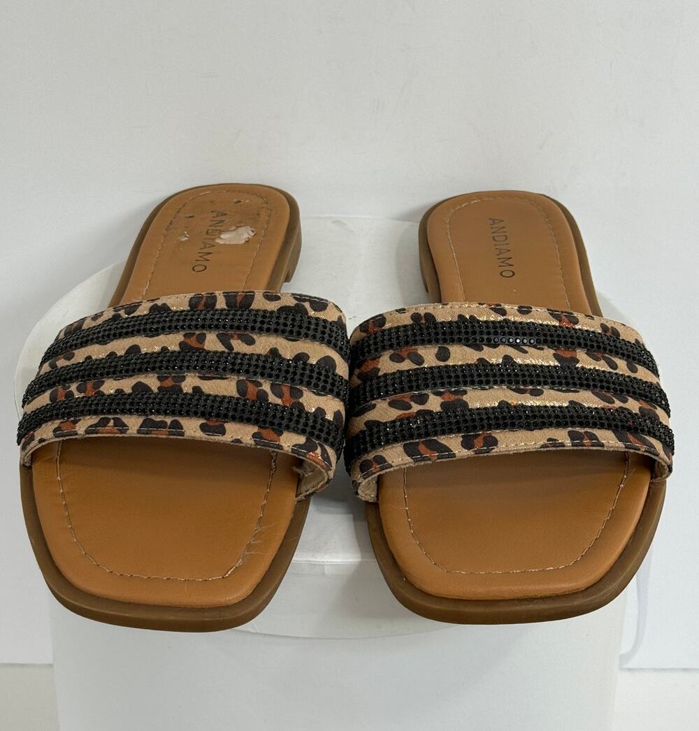 Leopard Rhinestone Slide Sandals Andiamo Bling Animal Print Women's 9W Open Toes